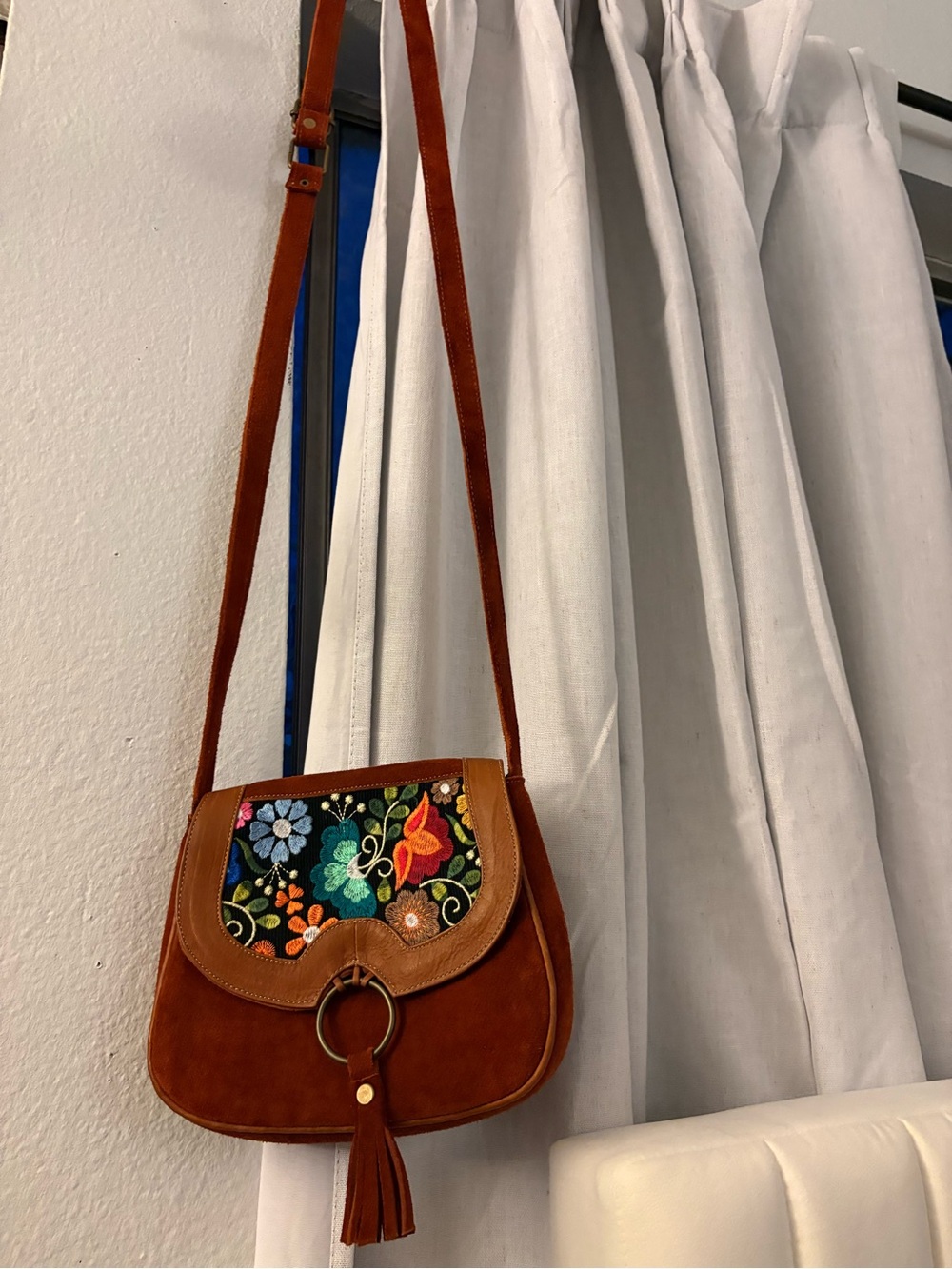 Brown Suede Crossbody Bag with Floral Embroidered Flap - Picture 3 of 5
